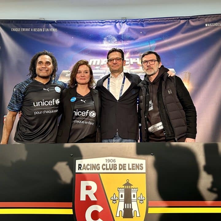 Christian Karembeu, Ann Avril, Joseph Oughourlian et Eric Sikora lors de la conférence de presse de lancement de la 3e édition du Match des Héros. © UNICEF France