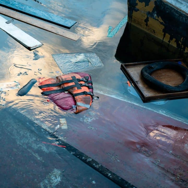 Le 26 septembre 2023, sur le quai de Favaloro, principal point de débarquement des migrants sur l'île de Lampedusa, en Italie, un bateau endommagé gît à l'envers, entouré de détritus. ©UNICEF/UNI443172/Antonioli