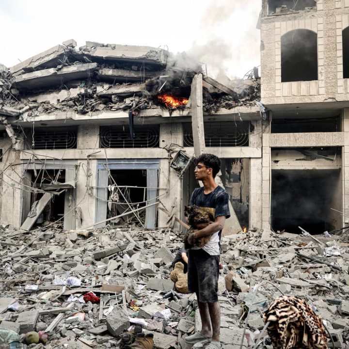 Au cœur de la dévastation du quartier de Tal al-Hawa, dans la ville de Gaza, Karim, 15 ans, contemple son quartier détruit en serrant son chat dans ses bras. ©UNICEF/UNI453264/El Baba